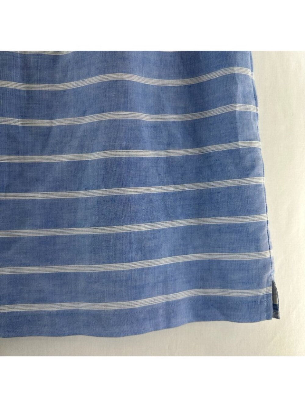Talbots Linen Cotton Shift Dress 12 Crochet Lace Trim Pockets Striped Blue White - Picture 7 of 14